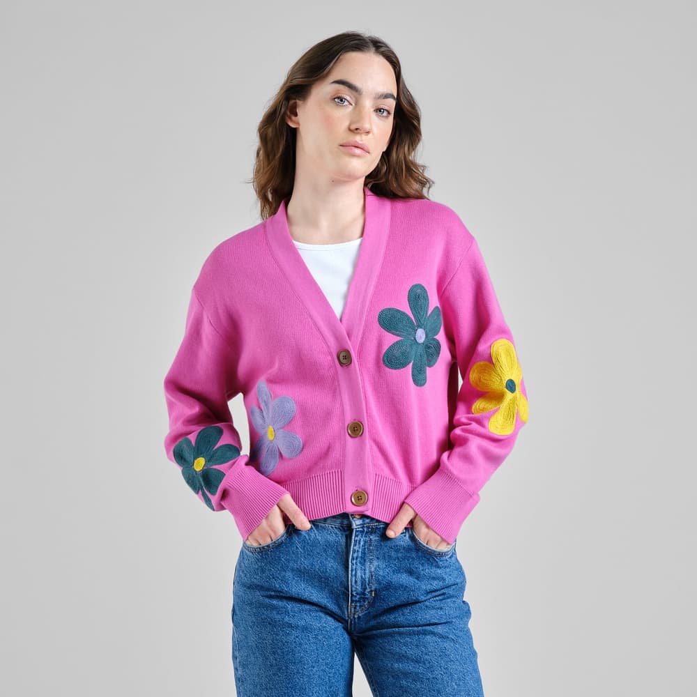 Cardigan Kanan Application Flower Violet Pink