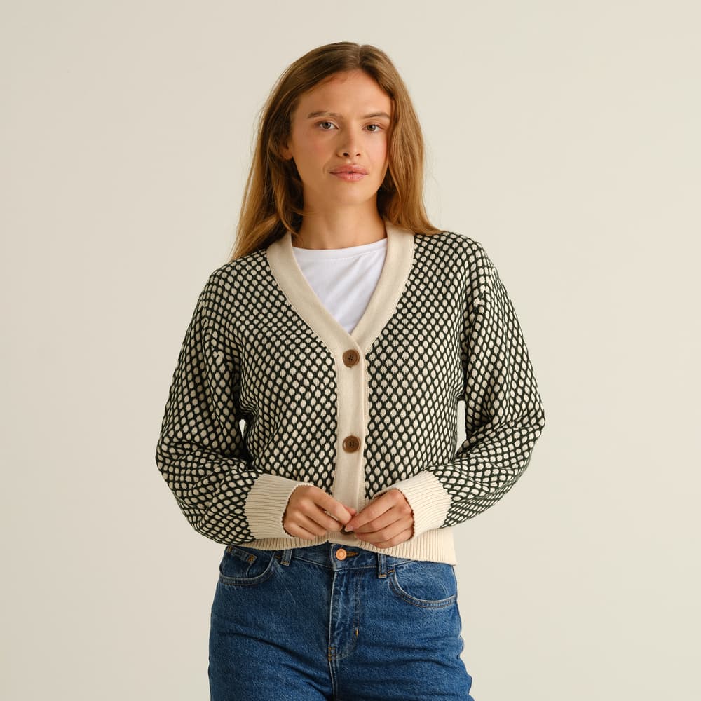 Cardigan Kanan Bubble Knit Dark Green/Vanilla Whte
