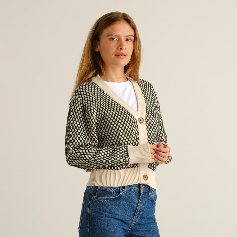 Cardigan Kanan Bubble Knit Dark Green/Vanilla Whte