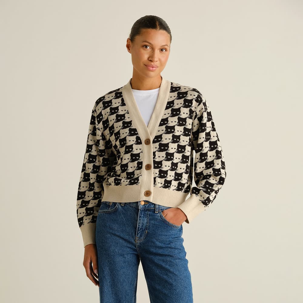 Cardigan Kanan Pepita Cats Oat White