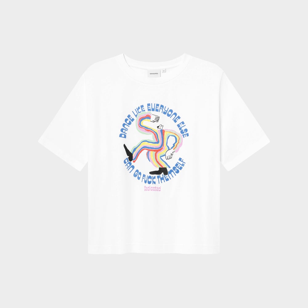 The white Vadstena T-shirt, laid flat, with its fun, rainbow-striped dancing figure and bold blue slogan.