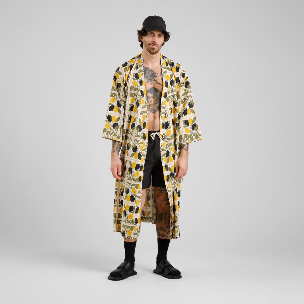 Glabo Bathrobe Lemon Tiles Oat White