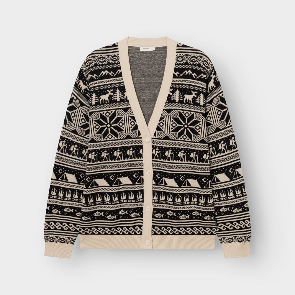 The cozy Cardigan Delsbo Fairsle Hike in black, laid flat. Its fun pattern features little hikers, tents, and moose.