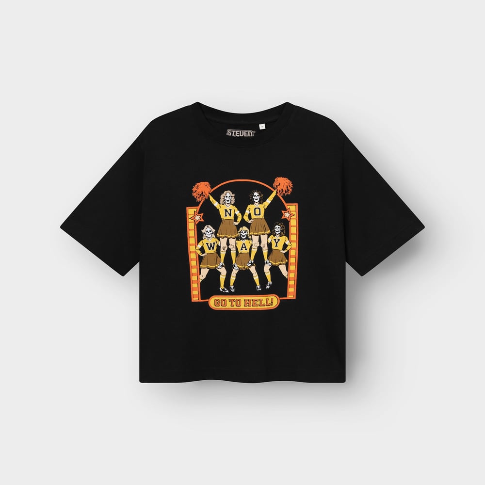 Vadstena t-shirt in black with a Steven Rhodes graphic of skeleton cheerleaders spelling out 'NO WAY' and 'GO TO HELL!'.
