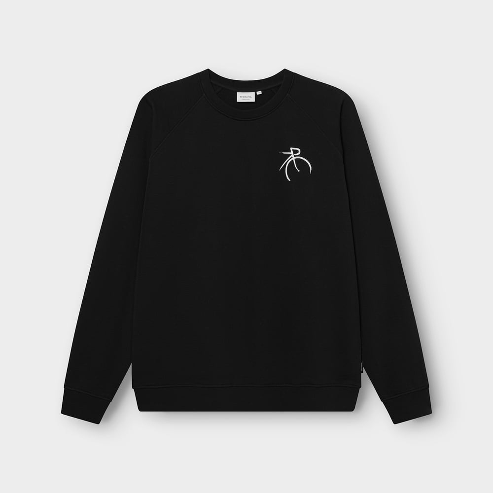 Front view of the Sweatshirt Malmoe Painted Side Bike in black, a classic crewneck with a clean, white embroidered graphic.