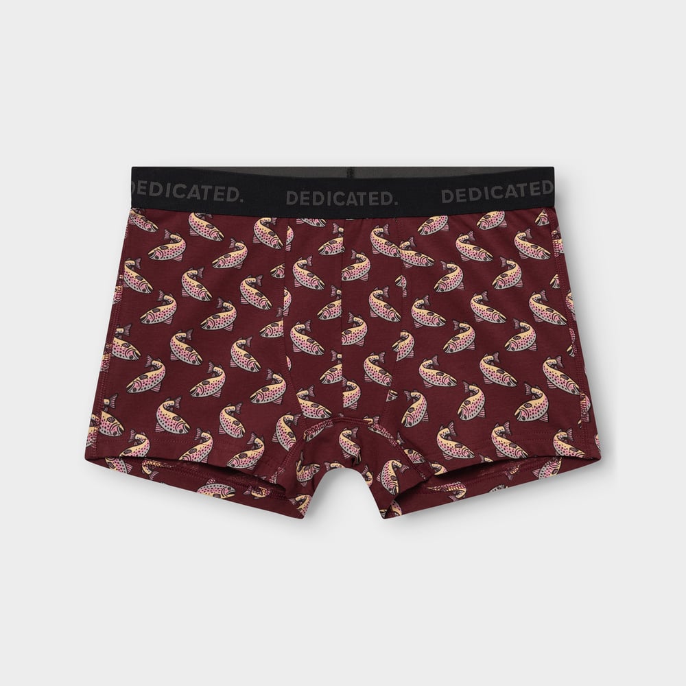 Front view of the Boxer Briefs Kalix in burgundy, featuring a playful all-over trout print and black logo waistband.