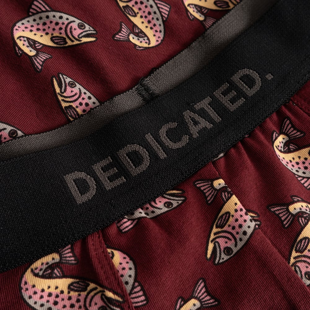 Close-up detail of the Dedicated Boxer Briefs Kalix in burgundy, featuring a playful all-over trout print and logo waistband.