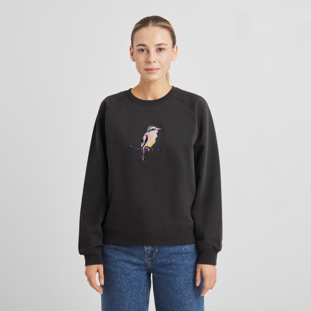 A model seen from the front wears the Ystad sweatshirt in charcoal with a colourful painted bird embroidery.