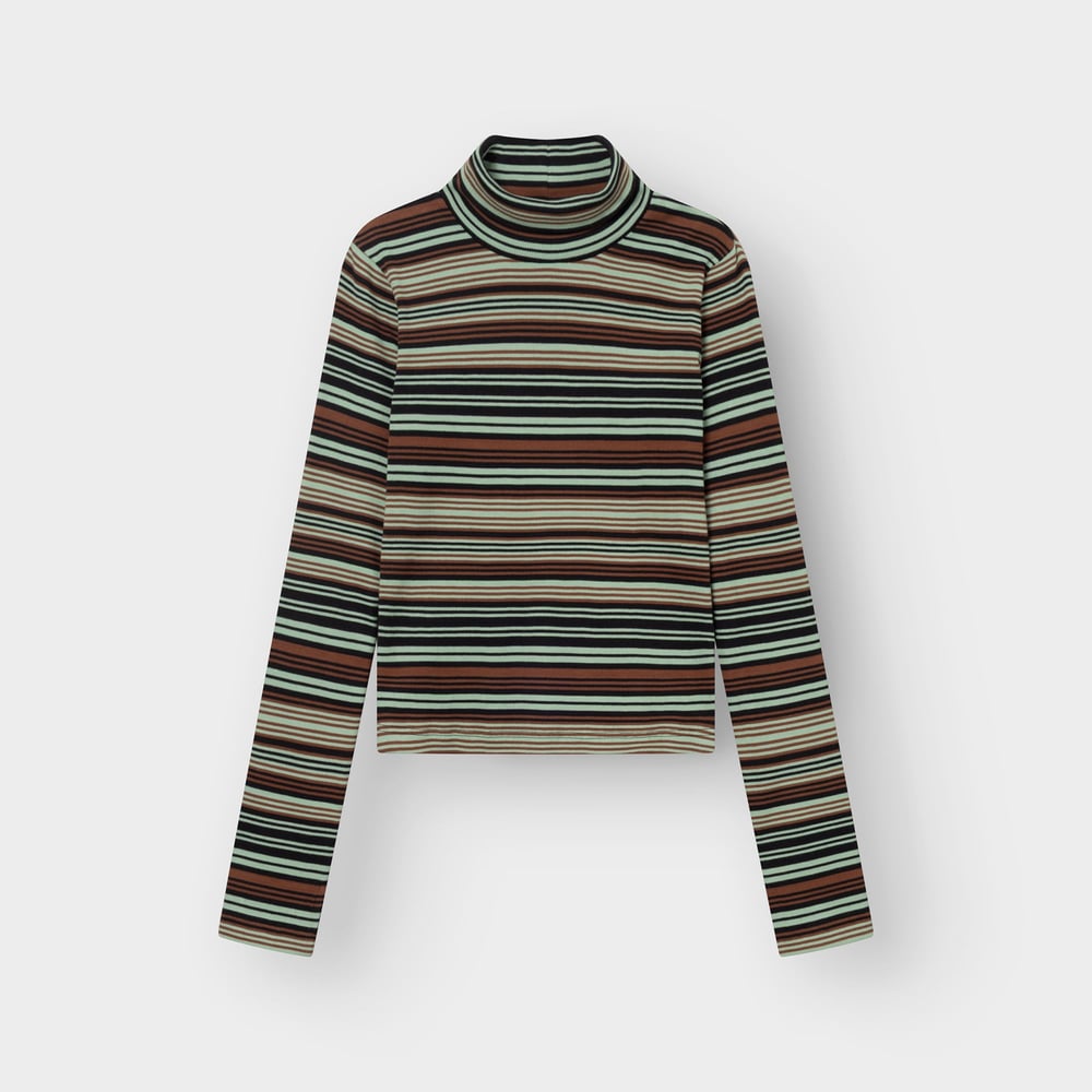 Studio shot of the Rib Top Malma turtleneck in an irregular stripe pattern with shades of green, brown, black and off-white.