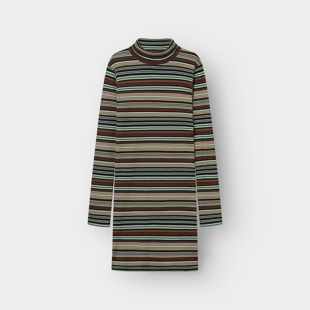 Studio shot of the Rib Dress Lunsen, a turtleneck dress with horizontal stripes in shades of green, brown, and black.