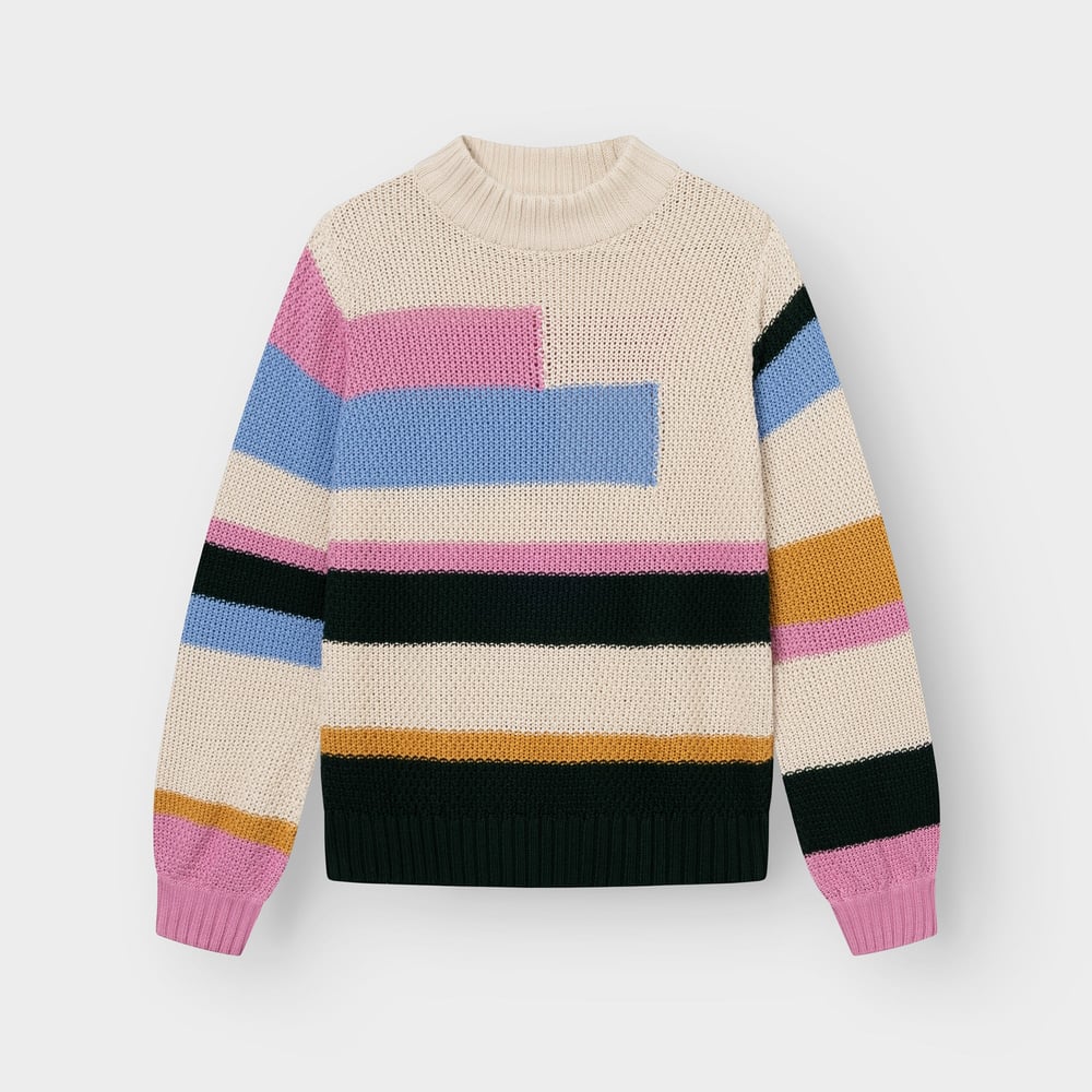 A cozy, chunky knit sweater, the Gotland, in a fun multi-color stripe and block pattern, laid flat.