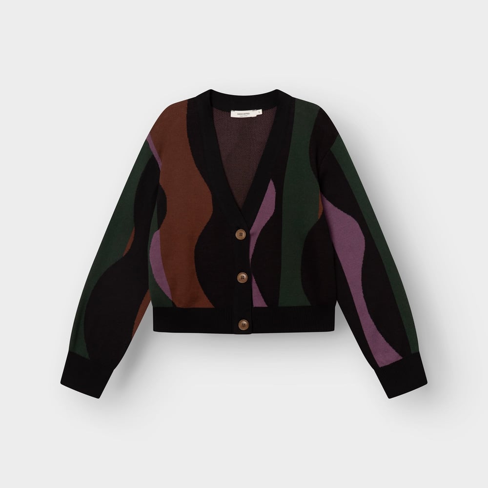 Front view of the Kanan Cardigan in a Wavy Stripe Multi Color pattern, laid flat.