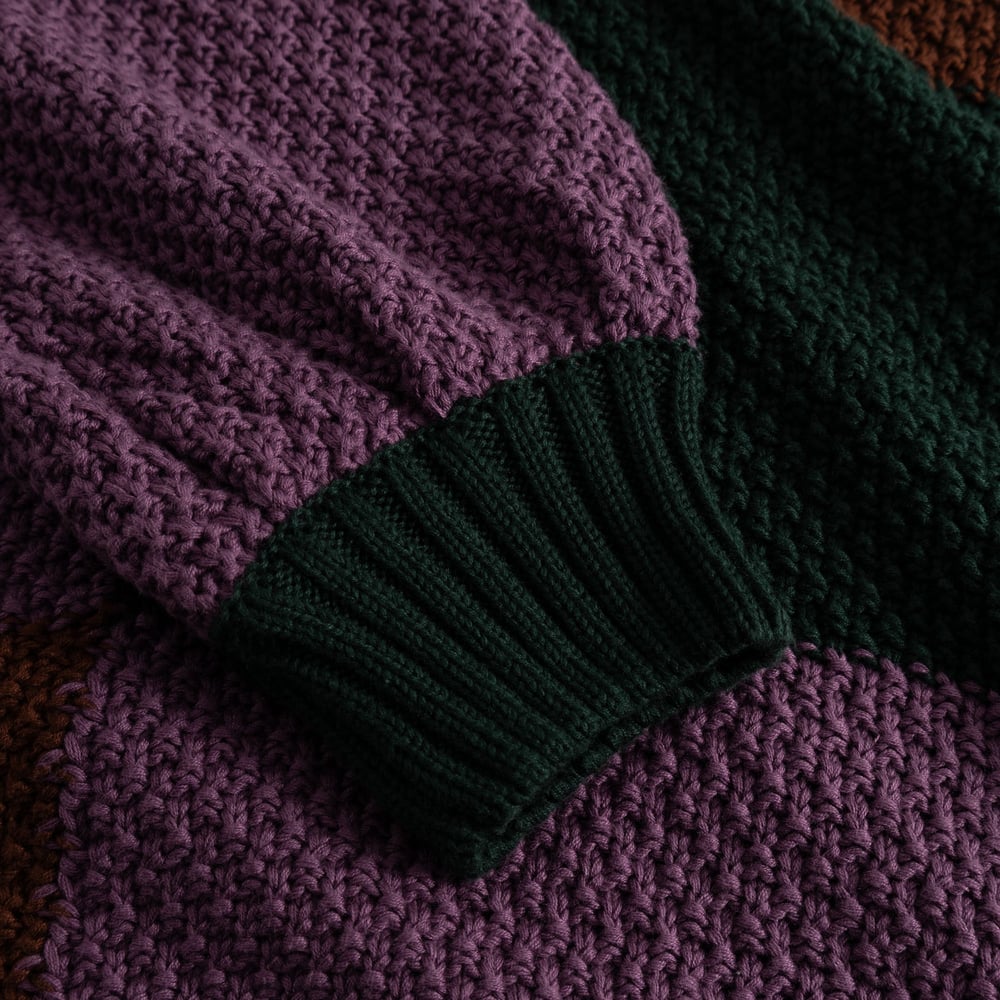 Detailed shot of the Sweater Gotland Blocked Check, focusing on the chunky purple knit sleeve and dark green ribbed cuff.