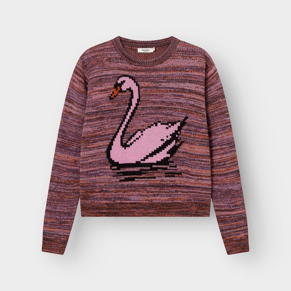 Studio shot of the Arendal TY Swan sweater in a multi-color jacquard knit, featuring a large pink swan on the front.