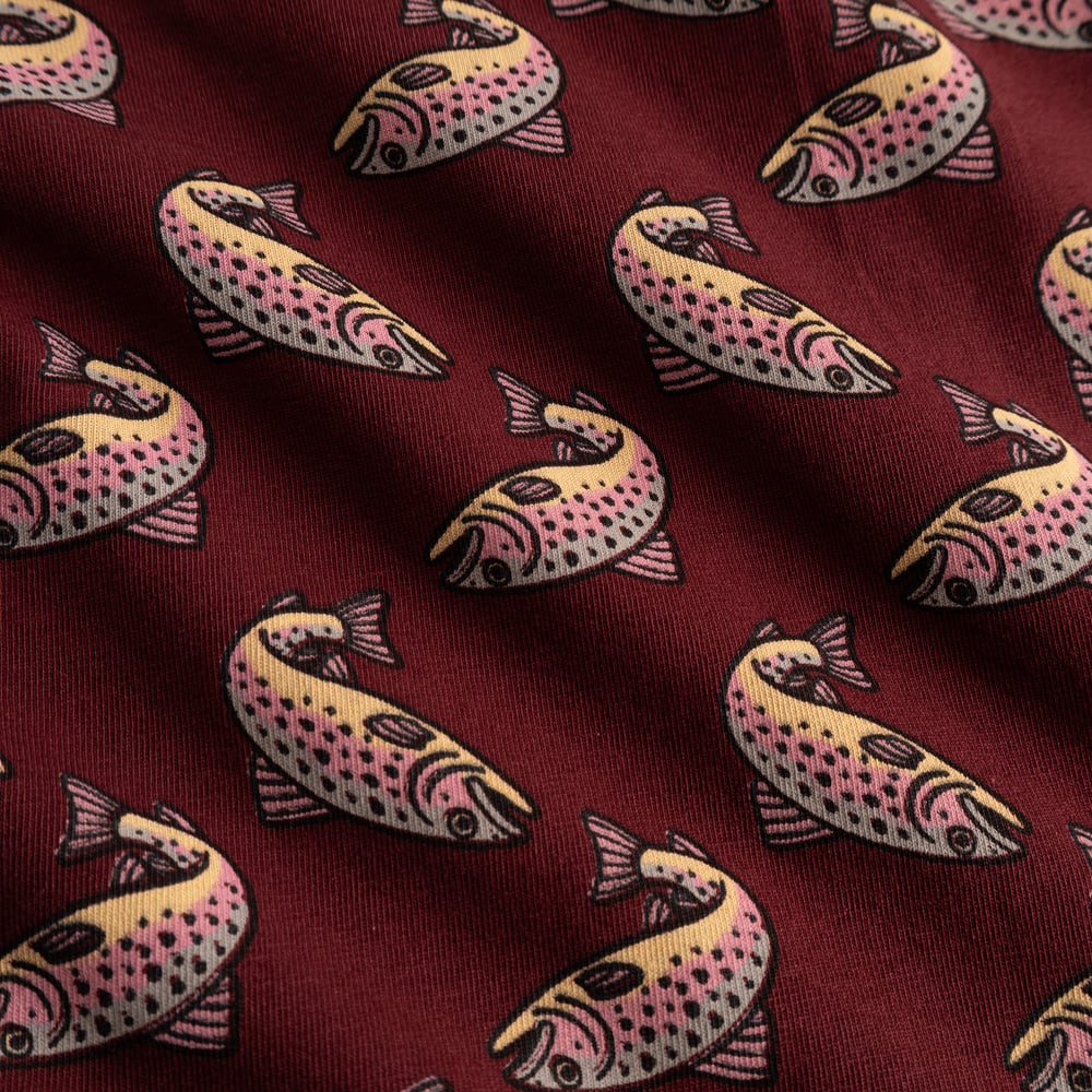 Get a closer look at the playful fish pattern swimming across the burgundy fabric of our Kalix Boxer Briefs.
