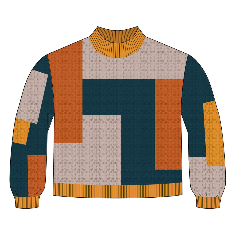 Front view of the chunky Sweater Gotland Blocks with its bold, multi-color block pattern and cozy high neck.