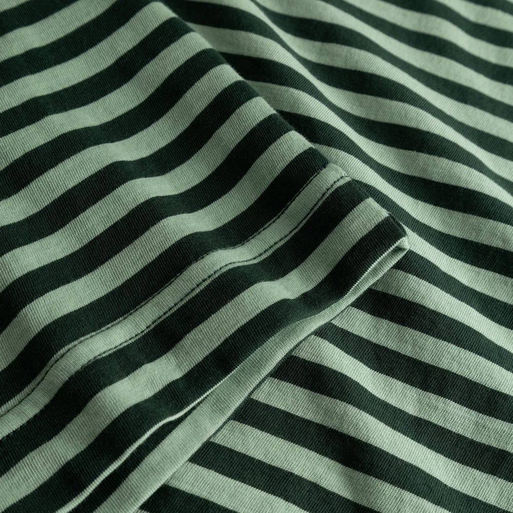 A detailed close-up of the soft, striped fabric of the T-shirt Vadstena in dark green and granite green.