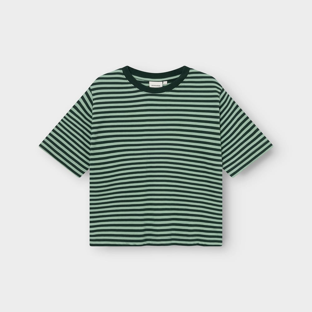 A flat lay of the Dedicated Vadstena T-shirt in a timeless dark green and granite green striped pattern.