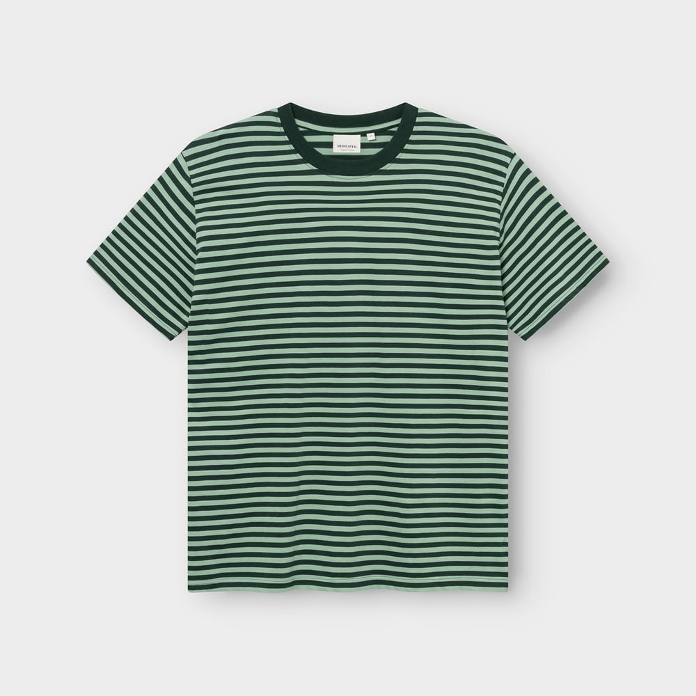 Studio photo of the Stockholm T-shirt in Dark Green and Granite Green stripes, laid flat.