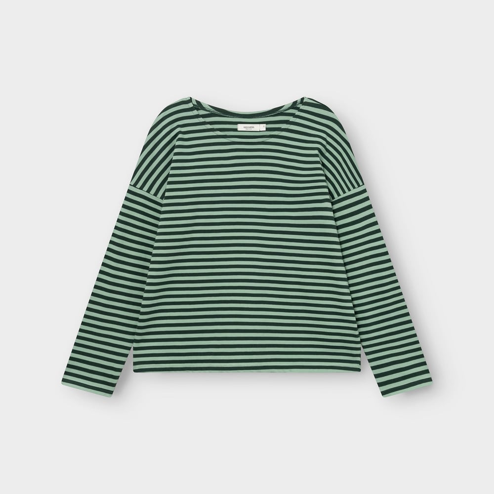 The Humledal long-sleeved top with dark green and granite green stripes, pictured flat against a light grey background.