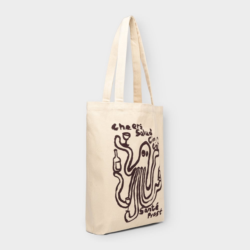 The off-white Tote Bag Torekov seen from the side, with its playful print of an octopus holding drinks.