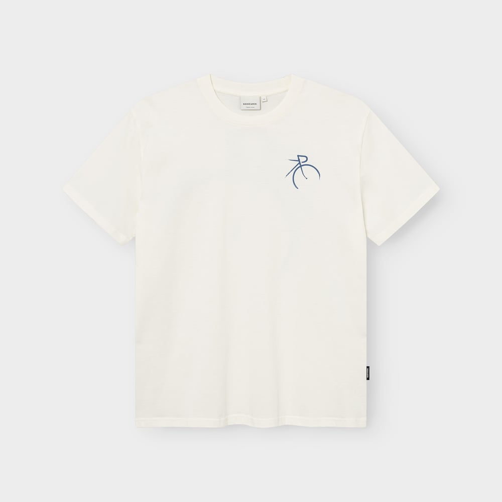 Front view of the off-white Stockholm t-shirt with a minimalist blue bicycle print on the chest.