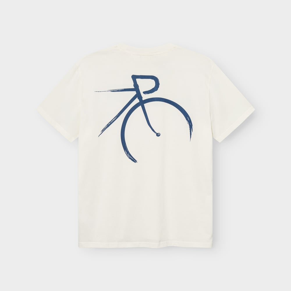 Back of the off-white T-shirt Stockholm, featuring a blue brushstroke graphic of a bicycle.