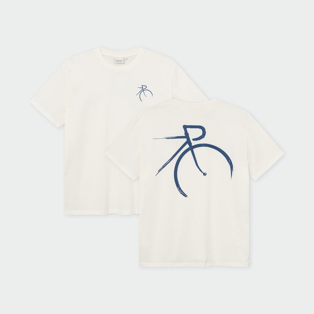 A front and back view of the off-white T-shirt Stockholm, featuring a blue painted bicycle graphic on the chest and back.