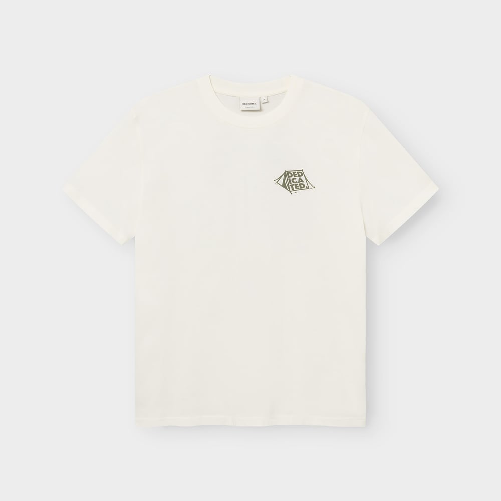 A flat lay of the Stockholm Camp Crew t-shirt in off-white, featuring a small, printed camping tent graphic on the chest.