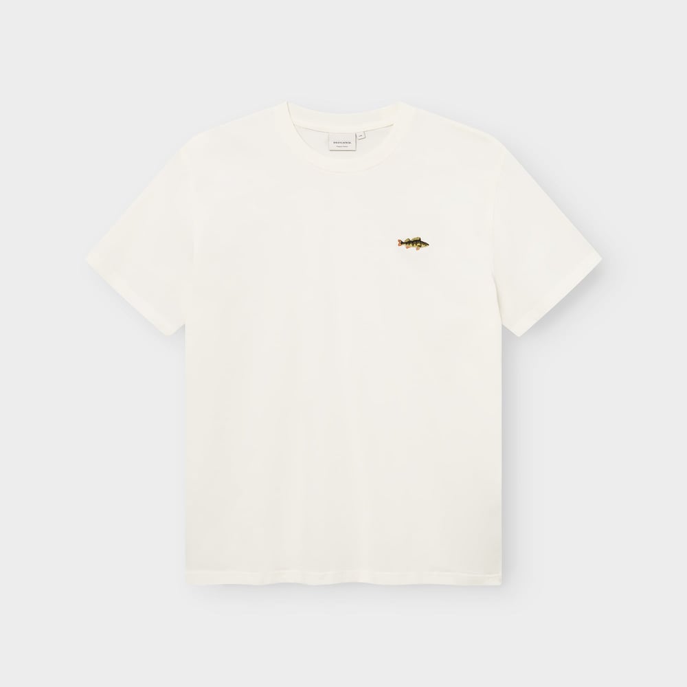 Flat lay of the off-white T-shirt Stockholm, featuring a cute little embroidered perch on the chest.