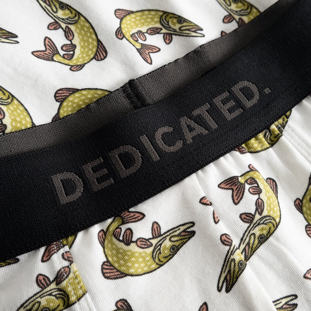 A close-up of the black 'Dedicated' waistband on the white Kalix Boxer Briefs, featuring a fun all-over pike print.