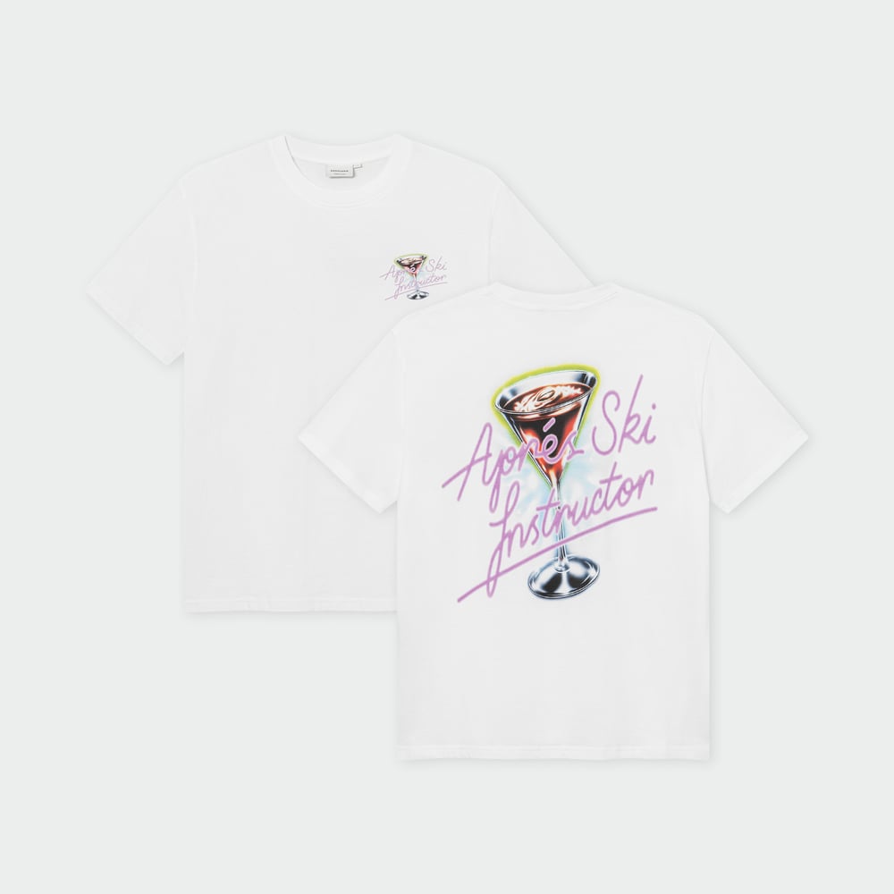Front and back view of the white Stockholm t-shirt with its fun 'Après Ski Instructor' retro cocktail graphic.