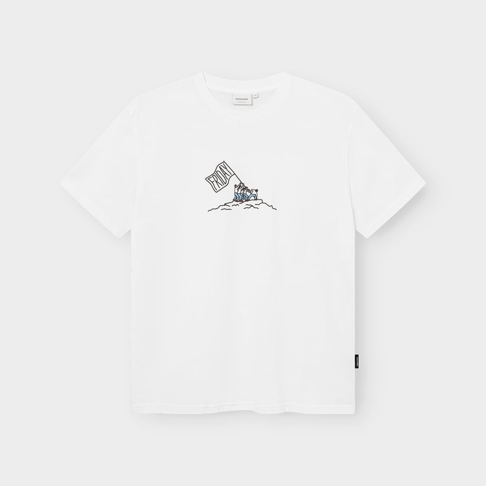 The white T-shirt Stockholm Friday Celebration laid flat, showcasing the fun 'Friday' flag graphic on the chest.