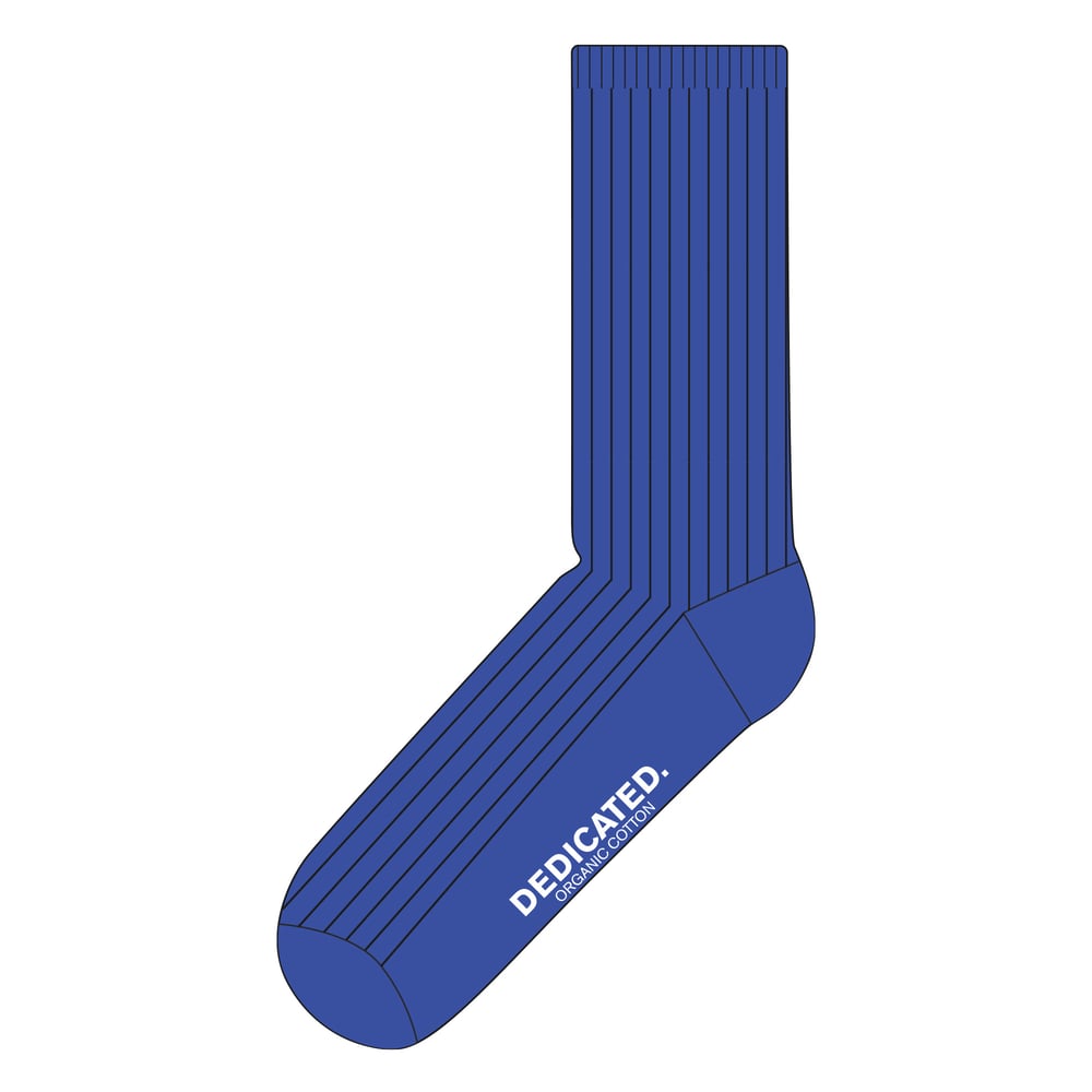 Studio shot of the Rib Sock Knivsta in a vibrant Dazzling Blue, showing its classic ribbed texture and the Dedicated logo.