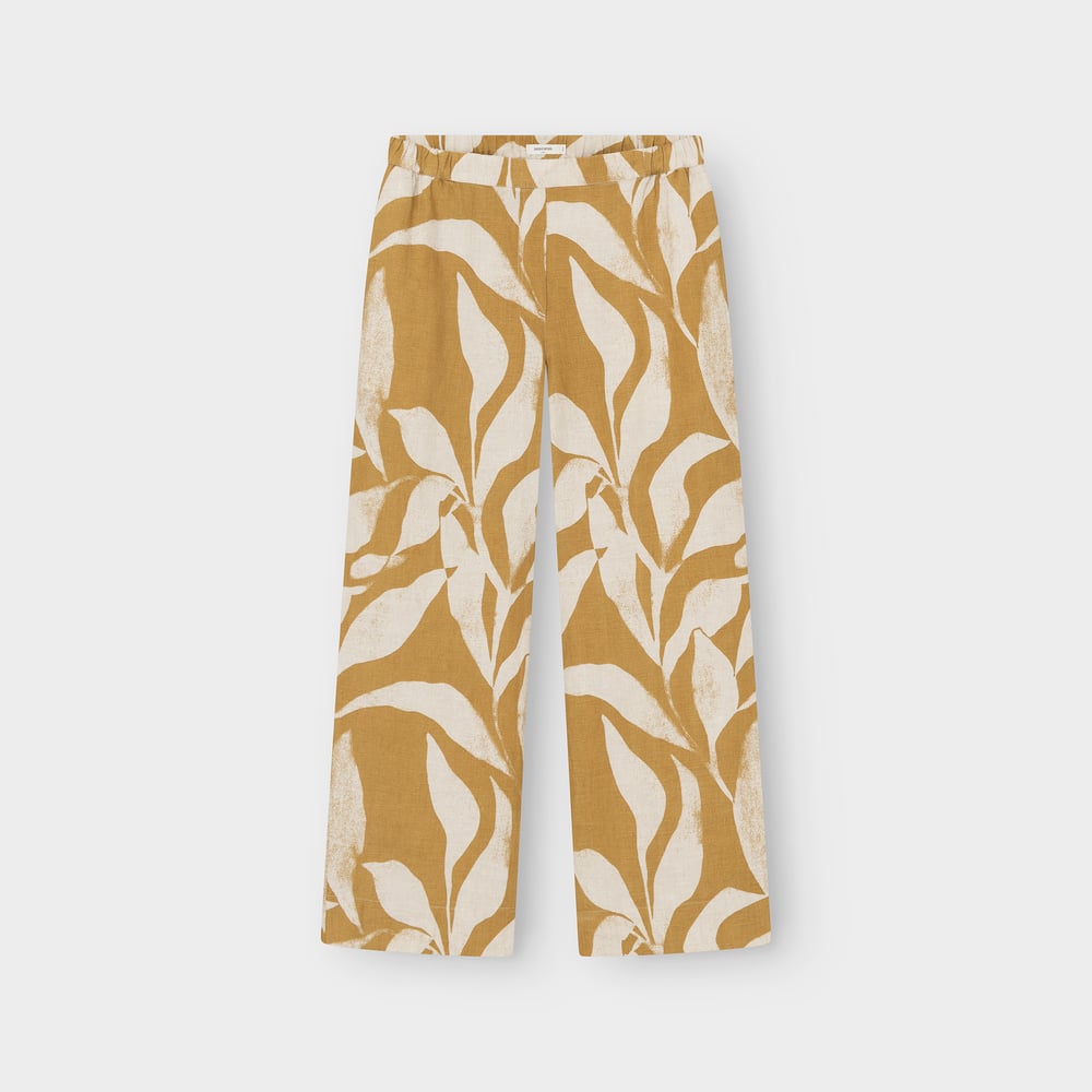 Pants Lansa Linen Abstract Leaf Bronze Yellow