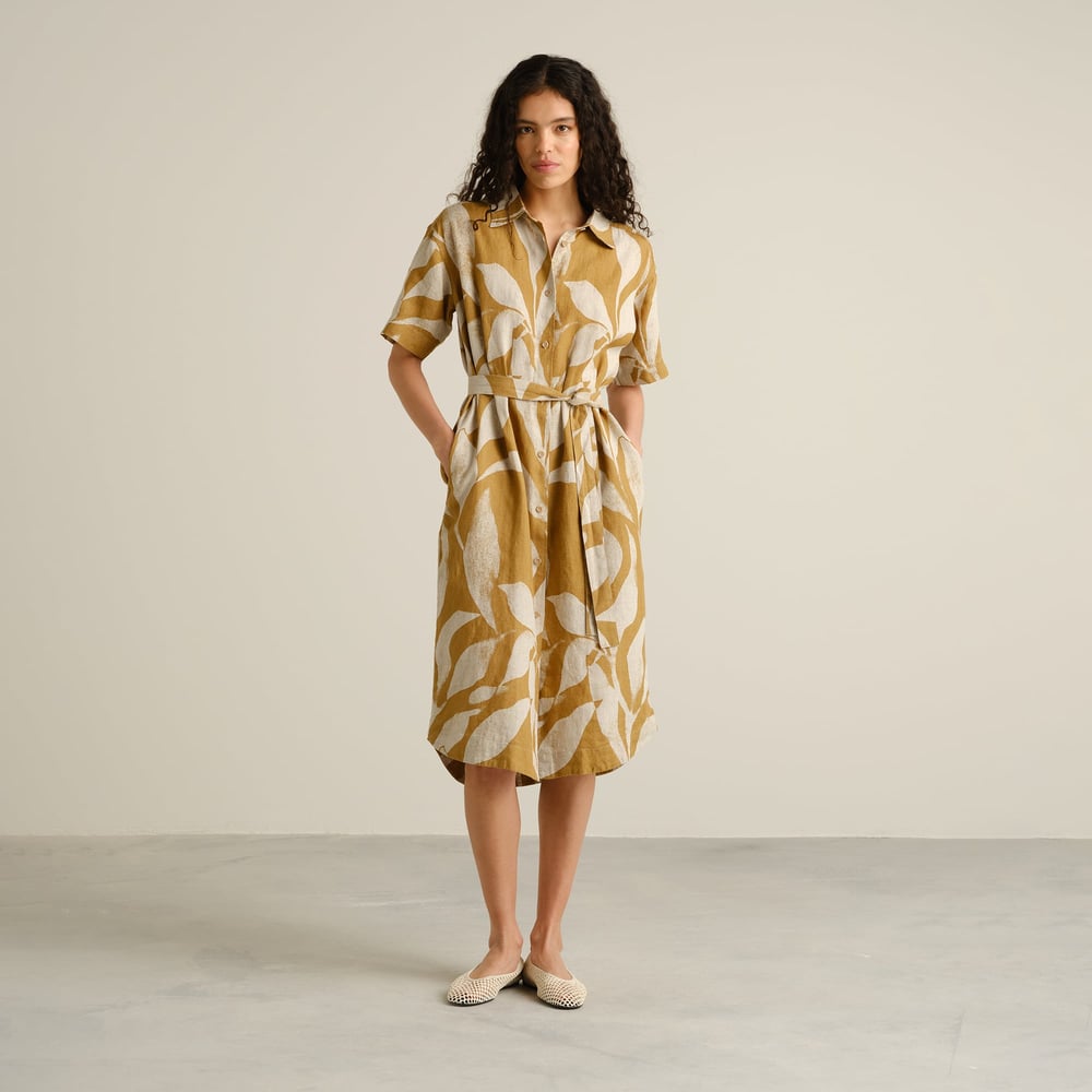 Shirt Dress Ripa Linen Abstract Leaf Bronze Yellow