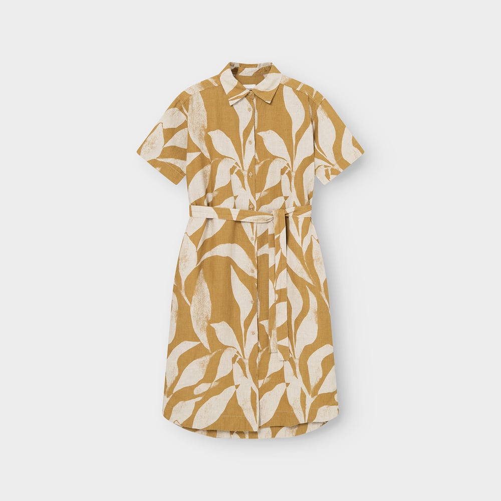 Shirt Dress Ripa Linen Abstract Leaf Bronze Yellow