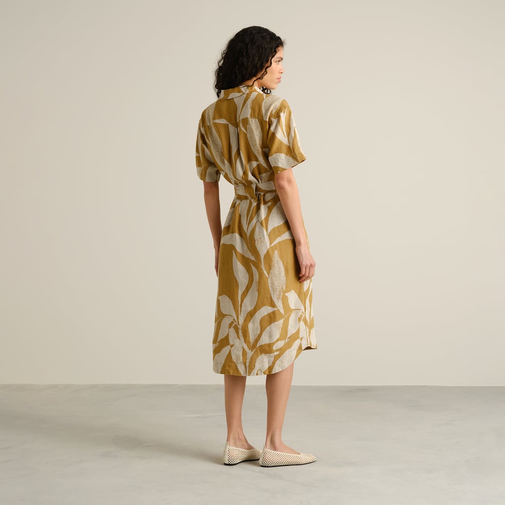 Shirt Dress Ripa Linen Abstract Leaf Bronze Yellow