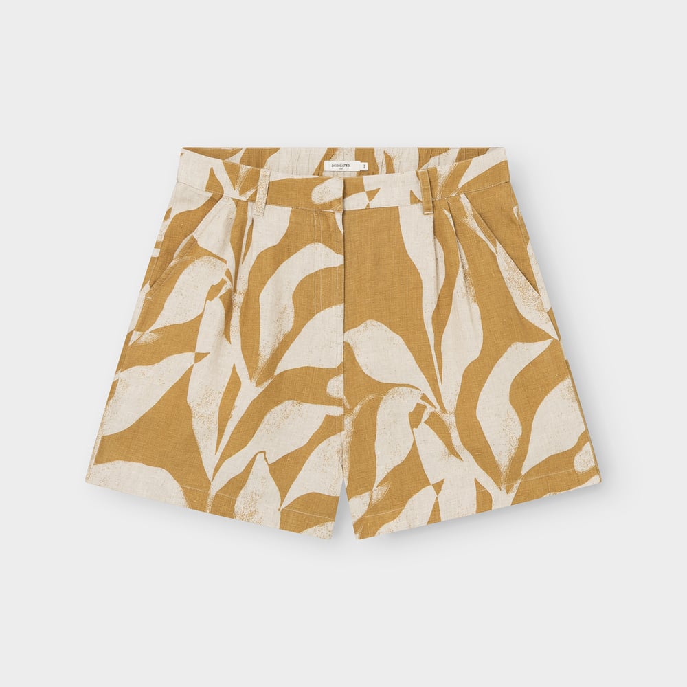 Shorts Djupvik Linen Abstract Leaf Bronze Yellow
