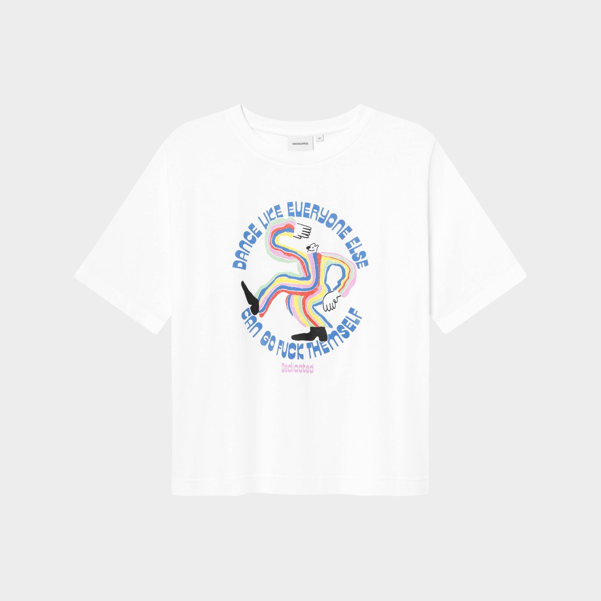 The white Vadstena T-shirt, laid flat, with its fun, rainbow-striped dancing figure and bold blue slogan.