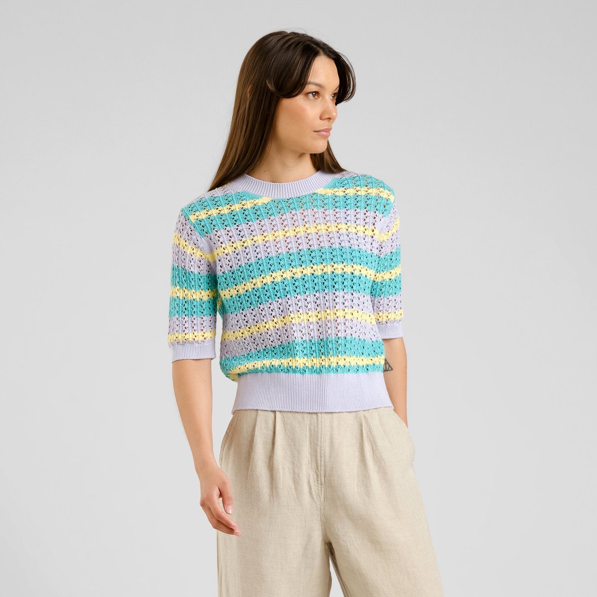 Knitted T-shirt Flen Crochet Retro Stripe Multi Color