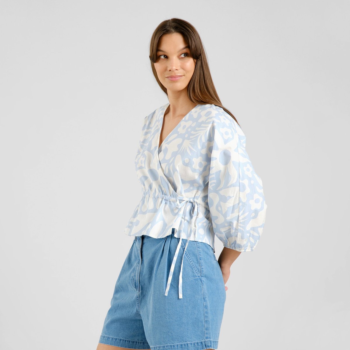 Wrap Top Rosenvik Poplin Wonky Beach Skyway Blue