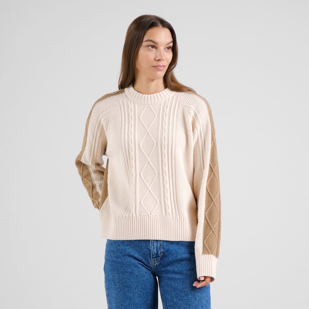 Sweater Husie Cable Knit Vanilla White/Kelp Beige