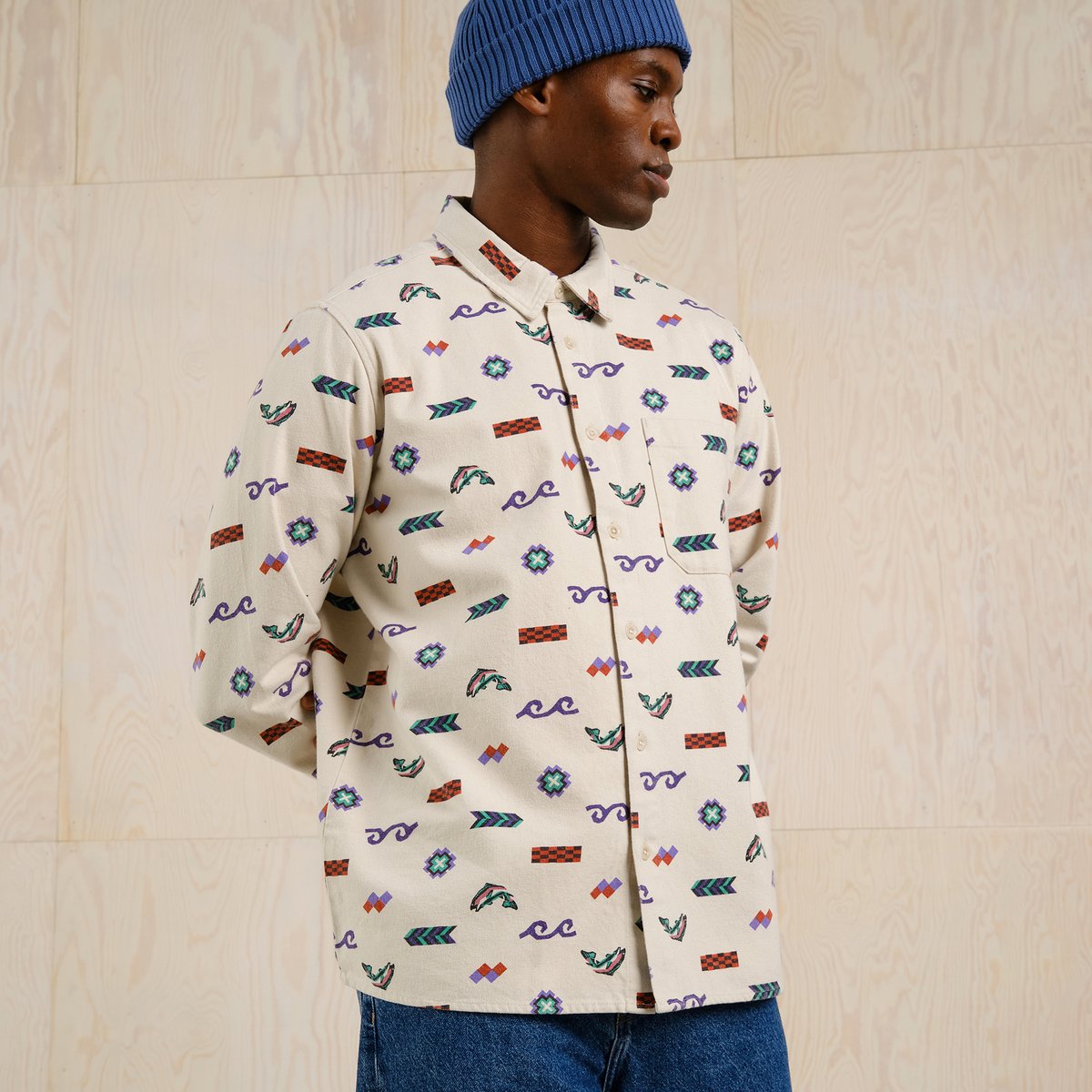 Shirt Rute Flannel Trout and Waves Oat White