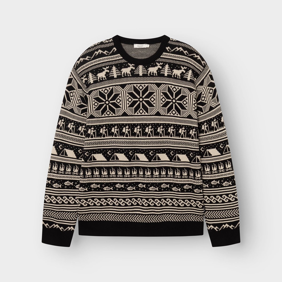 Front view of the Sweater Mora Fairisle Hike in black, laid flat. The detailed beige pattern shows hikers, tents, and moose.