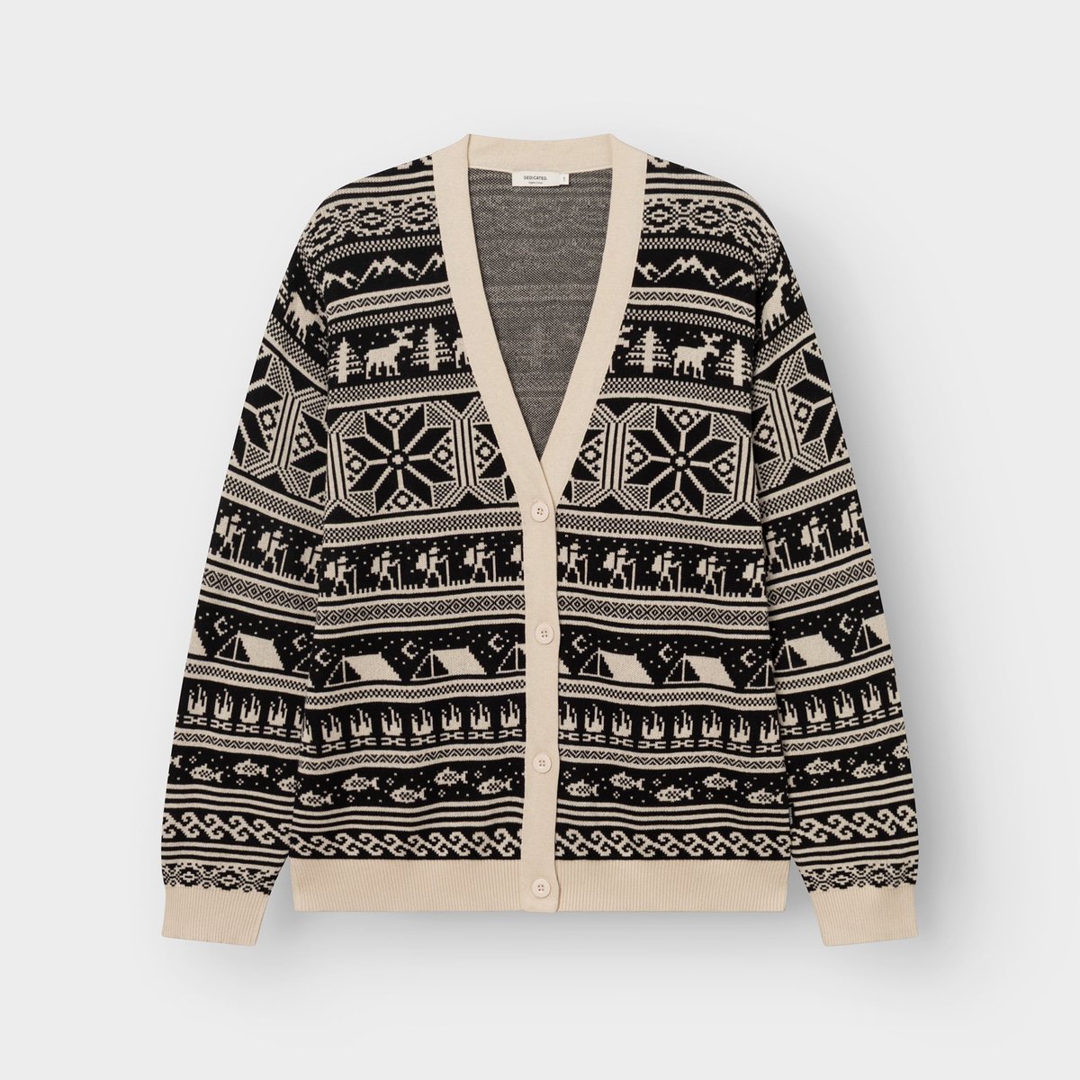 The cozy Cardigan Delsbo Fairsle Hike in black, laid flat. Its fun pattern features little hikers, tents, and moose.