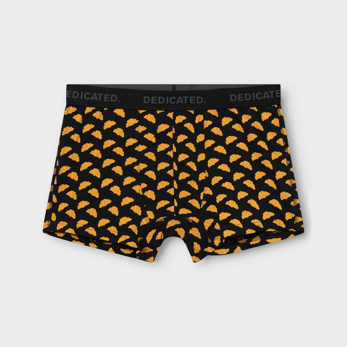 Men's boxer briefs in black, featuring a fun all-over croissant print and a black logo waistband.