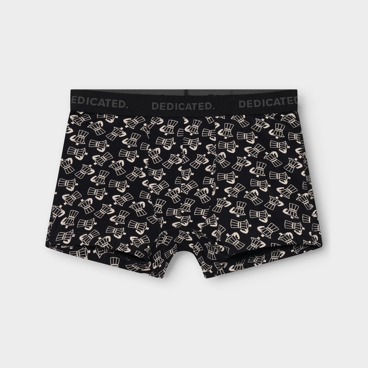 A flat lay photo of the black Kalix boxer briefs, featuring an all-over print of beige moka pots and a branded waistband.