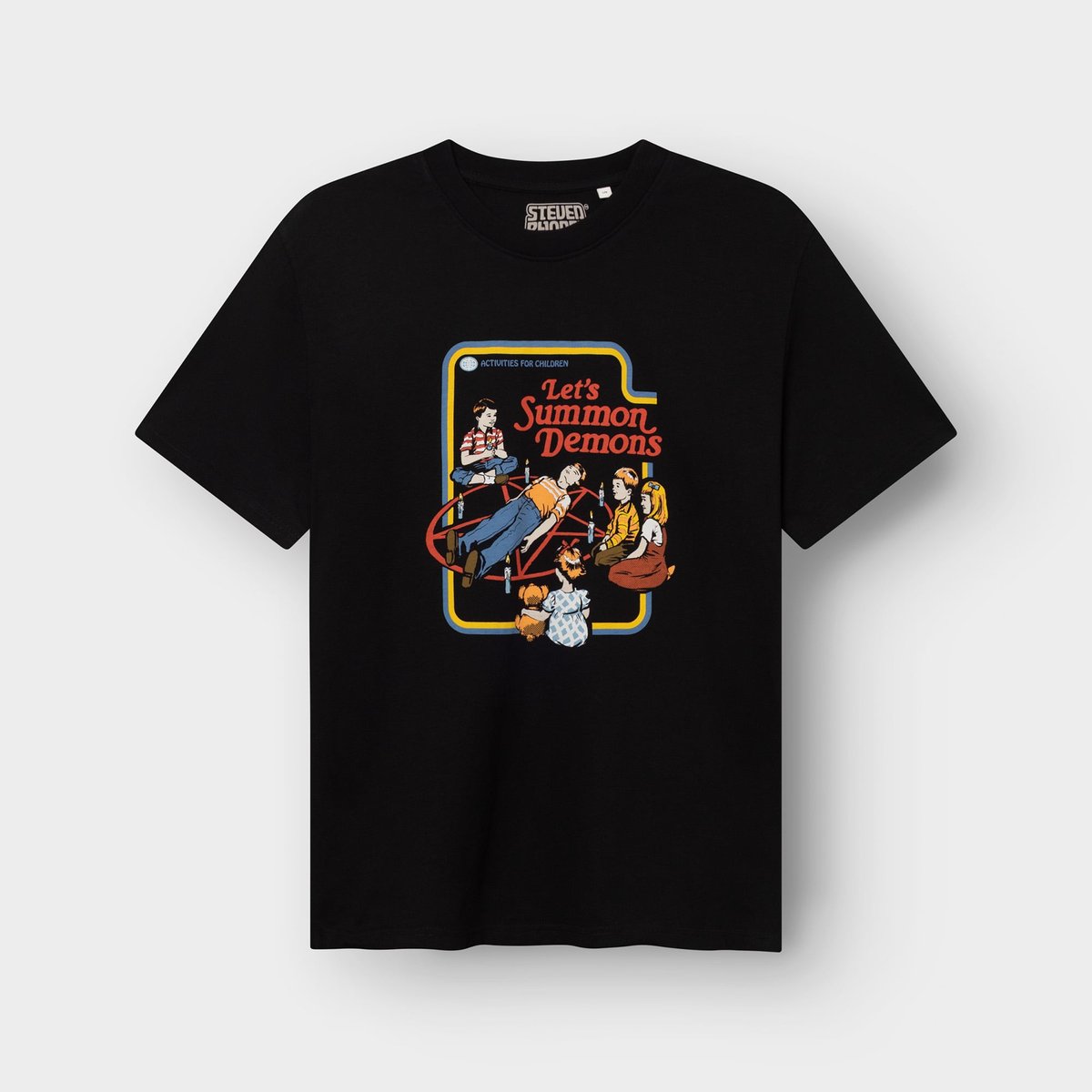 Flat lay of the black Stockholm T-shirt featuring the 'Let's Summon Demons' graphic from Dedicated x Steven Rhodes collab.