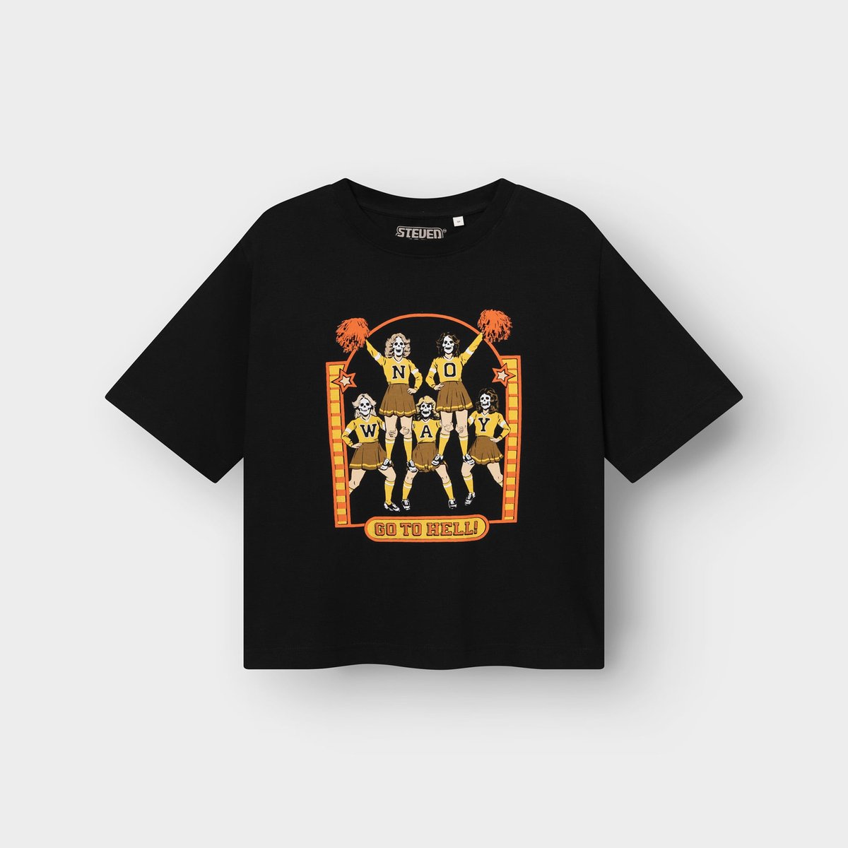 Vadstena t-shirt in black with a Steven Rhodes graphic of skeleton cheerleaders spelling out 'NO WAY' and 'GO TO HELL!'.
